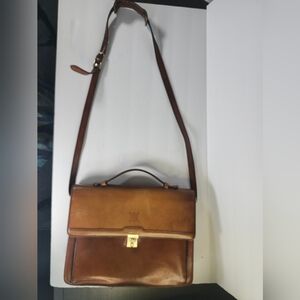 VTG Tan Camel Brown Leather Monogrammed "H" Shoulder Strap Messenger Bag Satchel